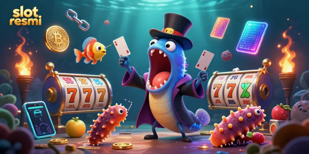 Experience thrilling action with slot resmi featuring unique sea creatures in a casino-themed illustration.