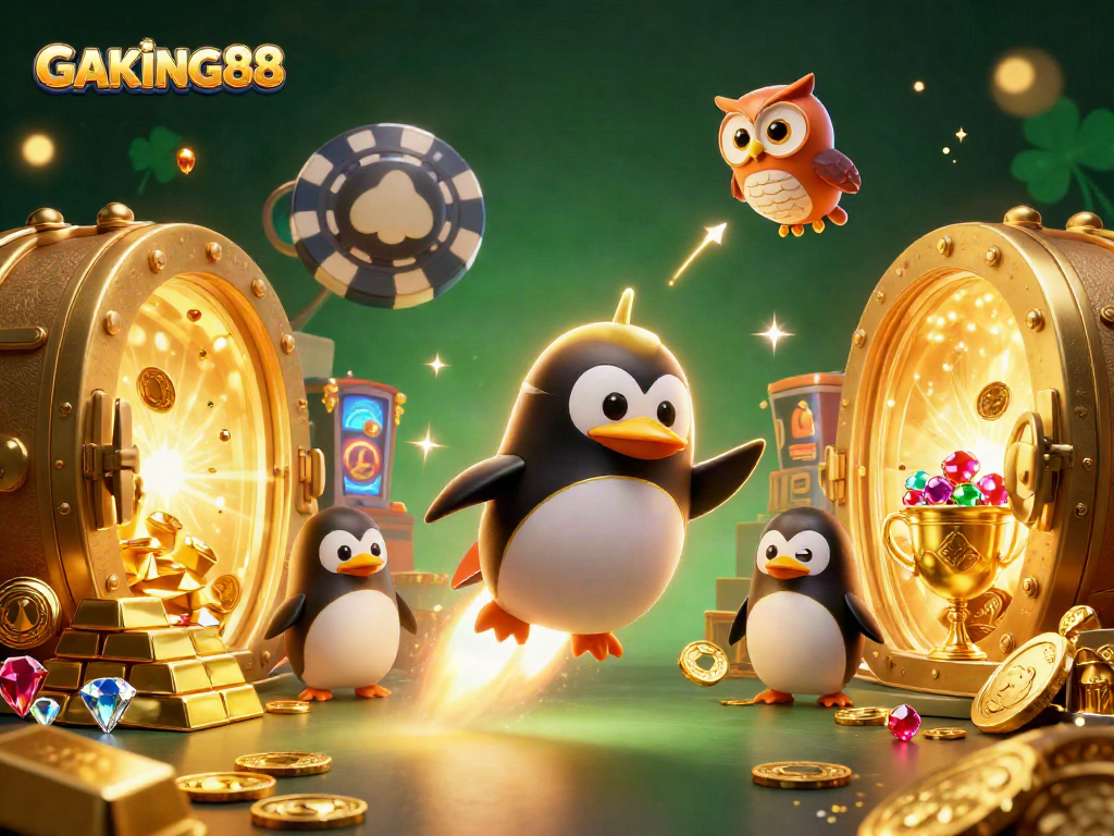 Engage in thrilling gameplay with GAKING88's casino elements featuring a golden penguin and poker chips.