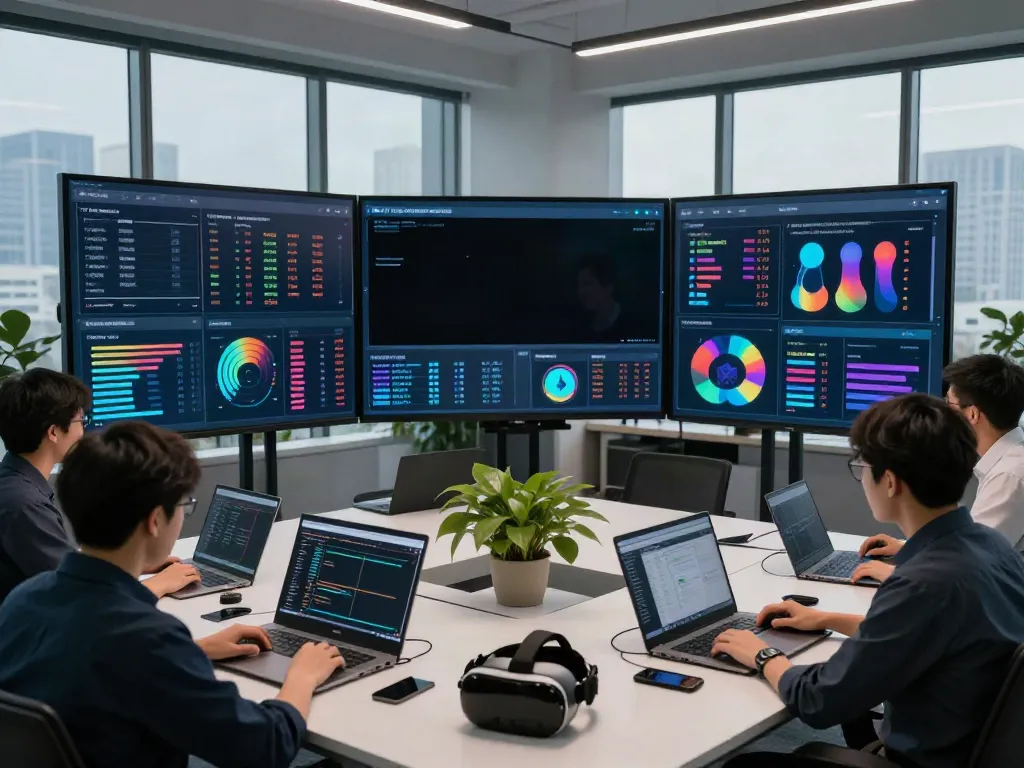 Engineers and data scientists analyzing AI token performance metrics in a high-tech control room.