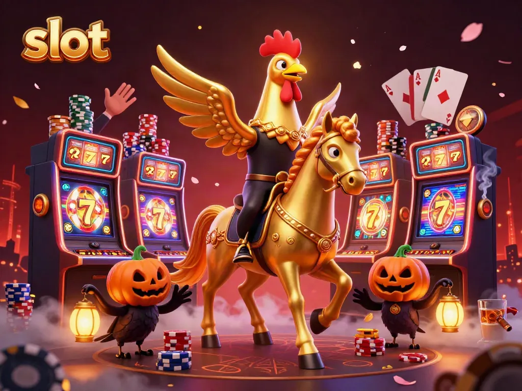 Experience the thrill of slot games with a vibrant 3D casino scene featuring unique characters and slot machine elements.