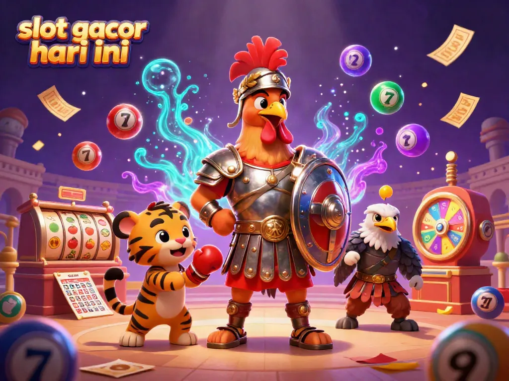 Experience the thrilling action of slot gacor hari ini with a dynamic casino scene featuring a gladiator rooster and game elements.