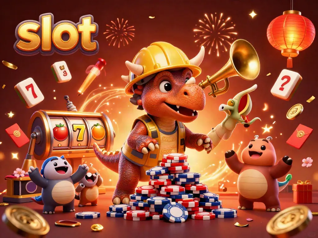 Slot menghibur saat triceratops merayakan kemenangan dengan chip poker di kasino.