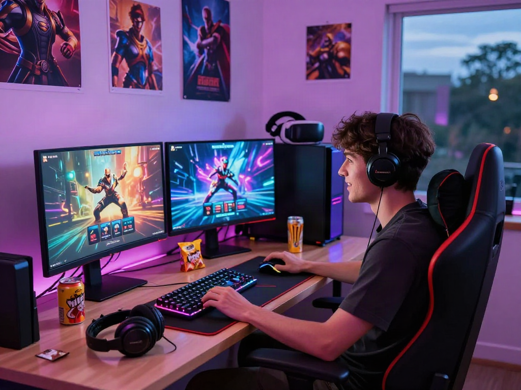 Engaged gamer playing porngames on dual monitors with colorful gaming setup.