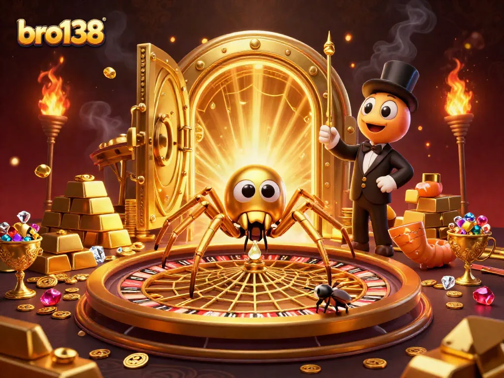 Engaging bro138 casino scene featuring a spider-shaped roulette and a centipede croupier amidst treasures