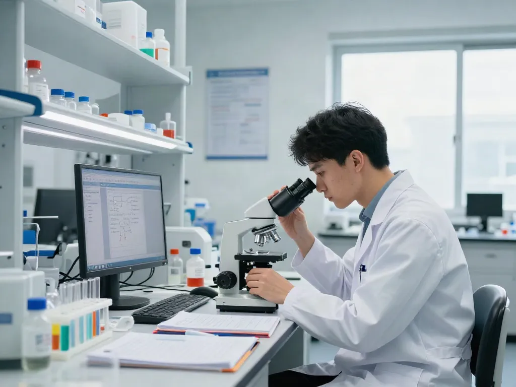 Scientist analyzing peptide samples in a modern lab at Swiss Chems
