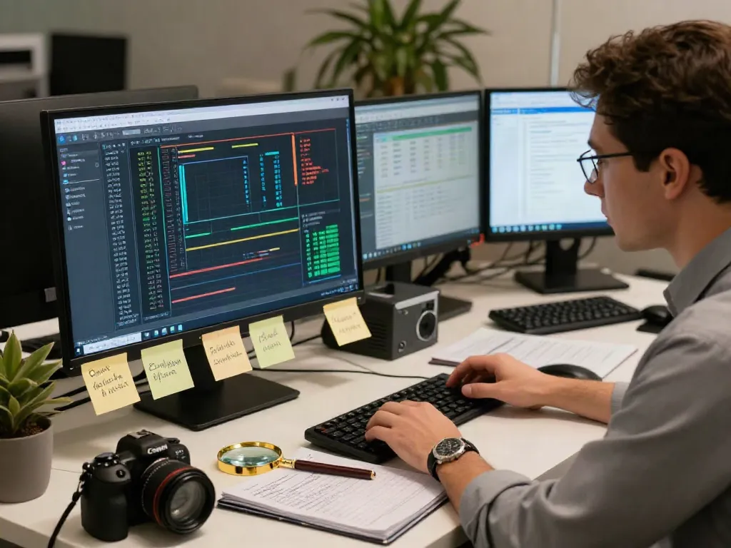 Fraud investigation expert analyzing data with advanced tools in a professional office setting.
