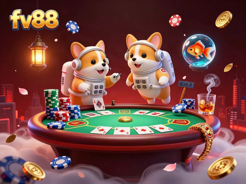 fv88 offers a vibrant online casino experience with a floating astronaut corgi, goldfish, and poker elements.