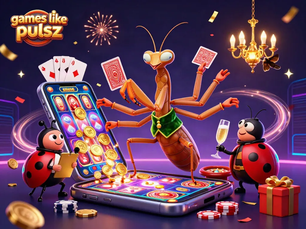 Experience thrilling games like pulsz with vibrant characters, slots, and festive casino elements.