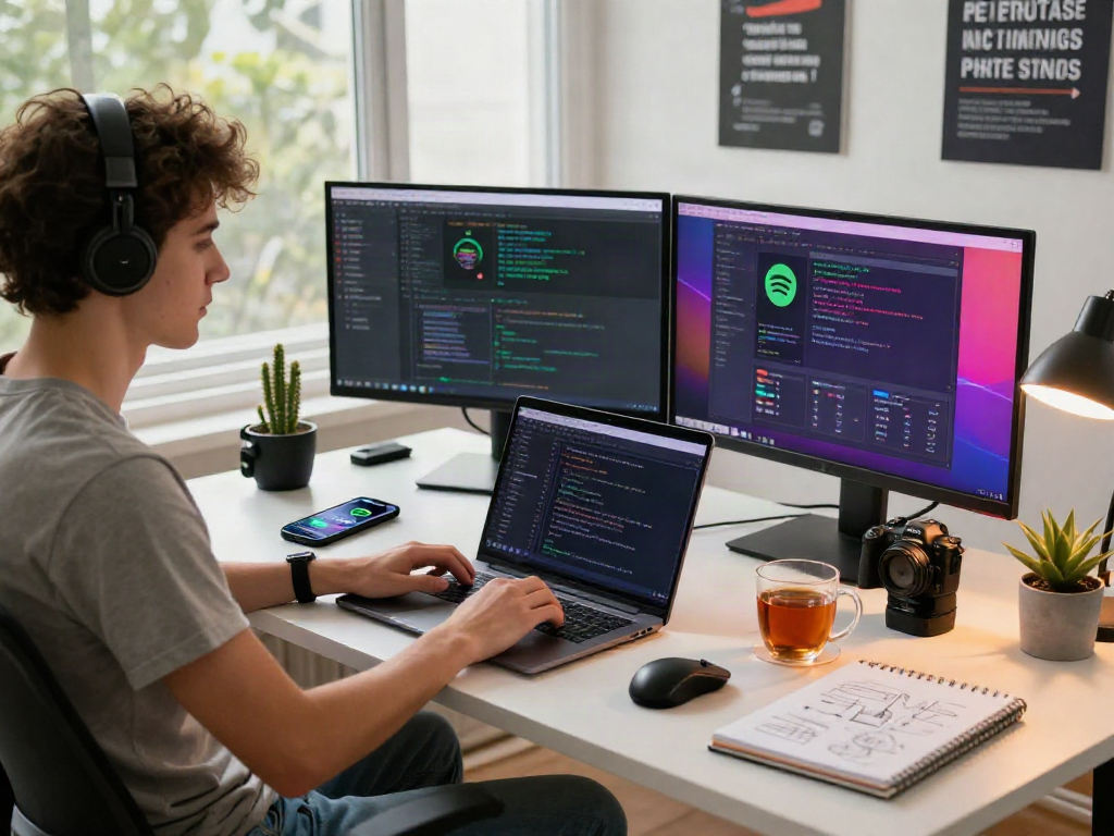 Innovative workspace with developer using spotify mod on laptop, dynamic coding environment.