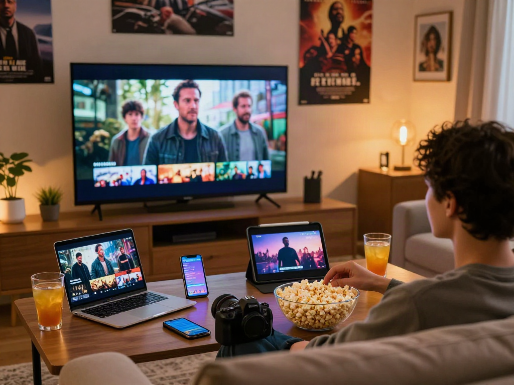 Enjoying a filmyzilla download on a cozy sofa with movies streaming on devices and popcorn.