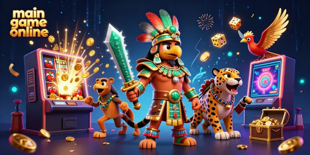 Experience the thrill of main game online with vibrant designs featuring Aztec warriors, slot machines, and dynamic game elements.
