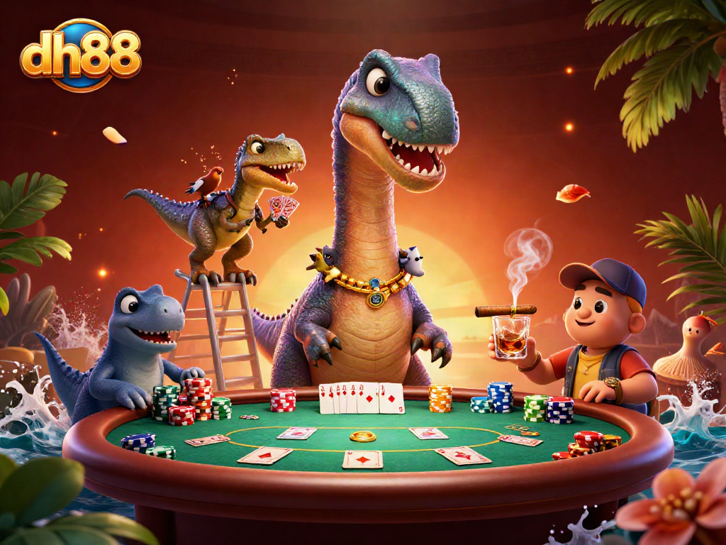Engage with dh88's vibrant poker scene featuring a dinosaur and clever raptor dealer.