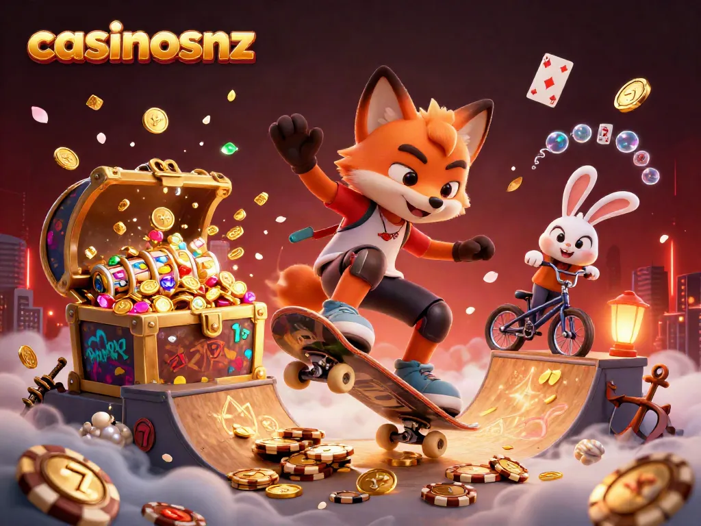 Experience casinosnz with a vibrant 3D scene of a skateboarder fox and BMX rabbit among dynamic casino elements.