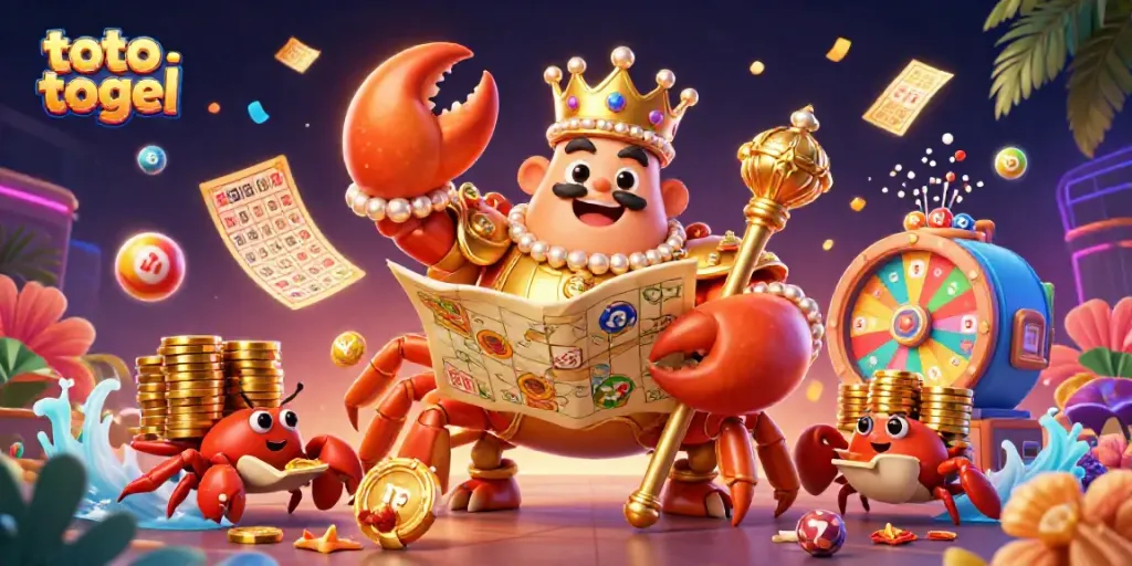 Ilustrasi 3D toto togel yang menggambarkan kepiting emas berdiri dengan peta harta dan pelayan kepiting membawa chip emas.