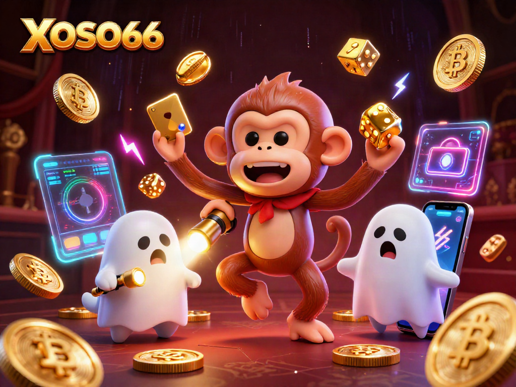 XOSO66 charming poltergeist monkey juggles gold coins in a lively haunted casino
