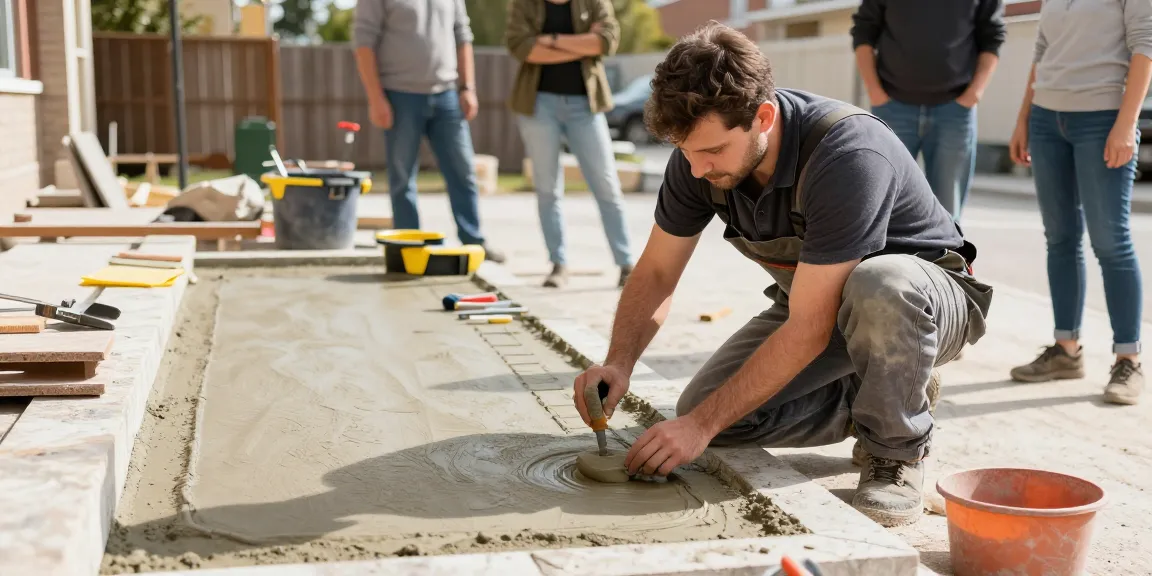 Cement stencil application by a trusted local contractor in a community-friendly workspace.