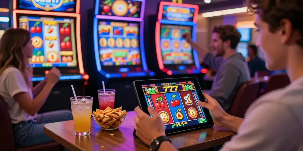Engaging scene of a person enjoying slot777 online gaming with friends, vibrant graphics creating an exciting atmosphere.