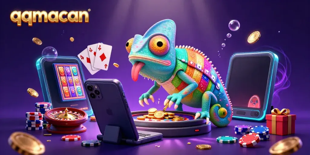 Experience action and thrill at qqmacan with a chameleon casino owner and vibrant gaming elements.