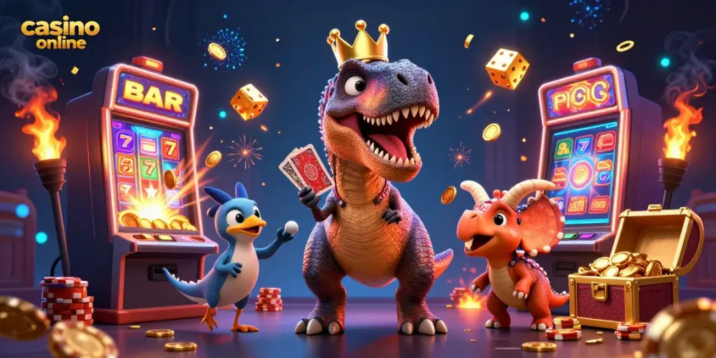 Play exciting games at a vibrant casino online featuring 3D cartoon characters like a T-Rex and a baby triceratops.