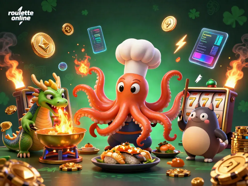 Engage in roullete online with vibrant casino elements featuring an octopus chef and a dragon.