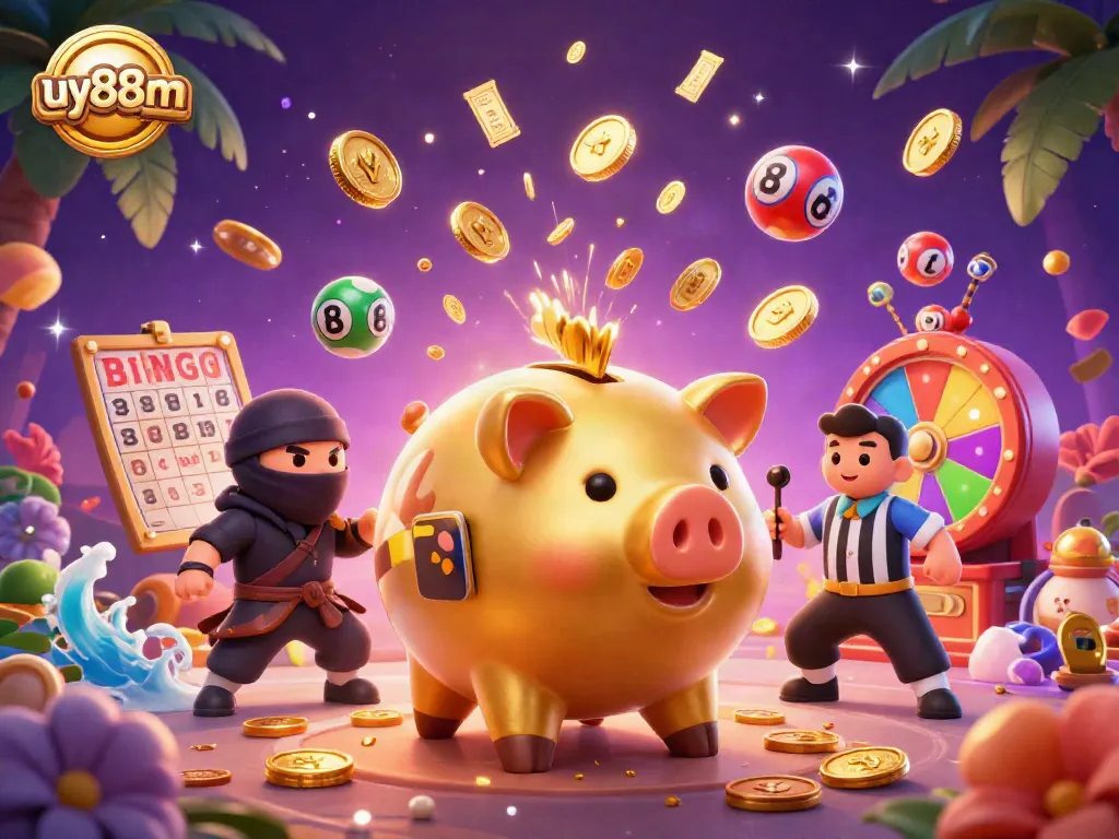 Engaging scene depicting uy88m with a golden piggy bank sumo wrestler in action, surrounded by lottery game elements.