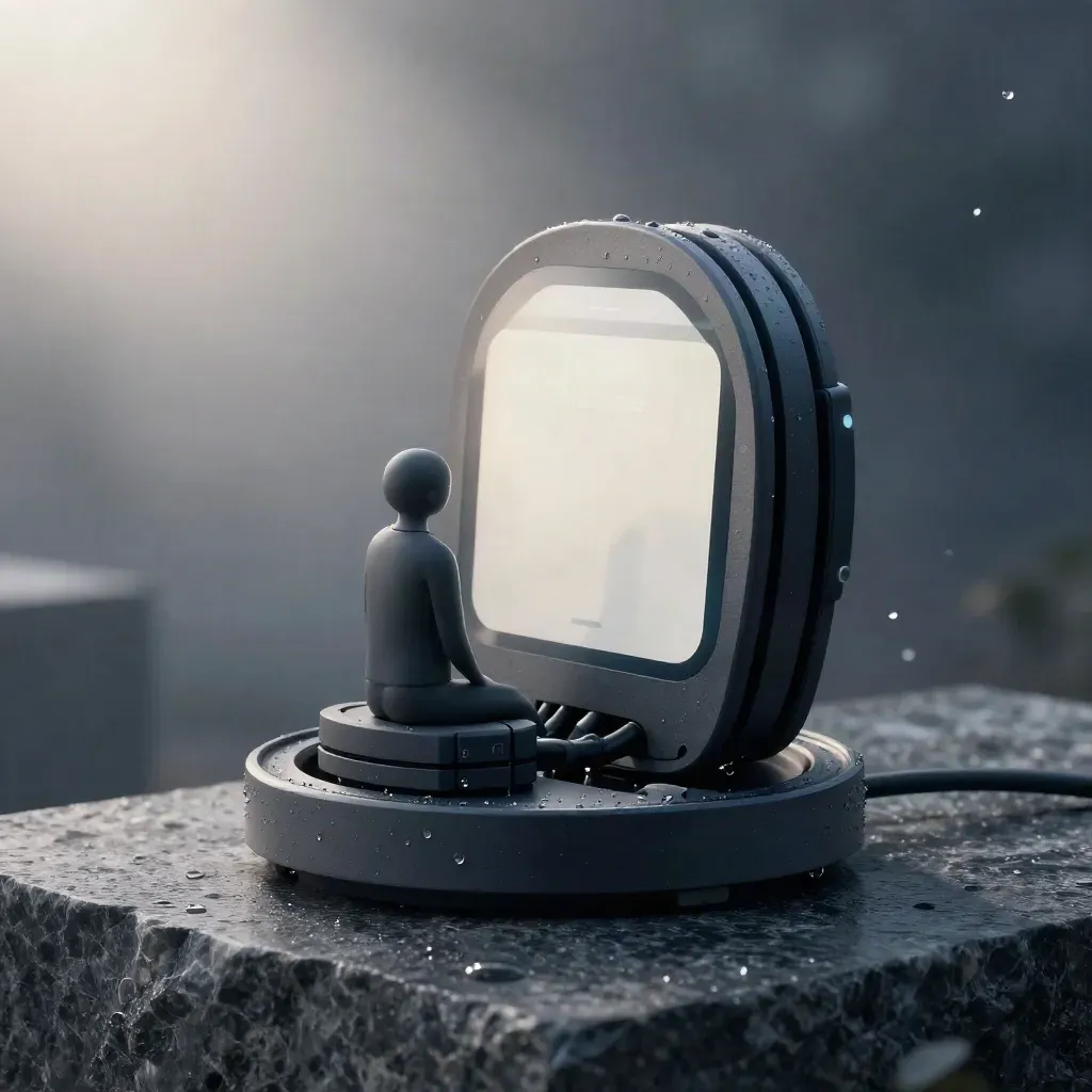Monolithic analytics modules in graphite glass on a misted stone plinth at pre-dawn.