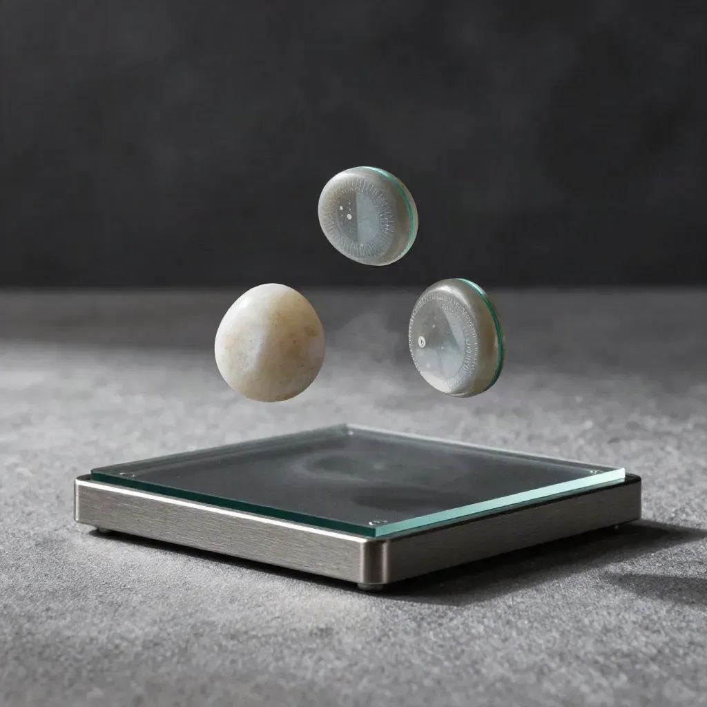 Slate KPI slab with three rounded data tokens hovering over a soft studio plinth.