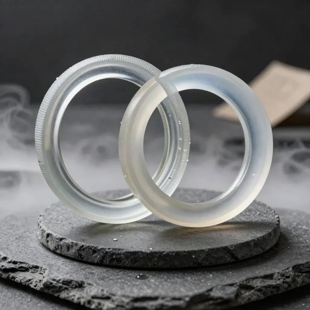 Frosted cohort lens disc with two translucent rings on wet stone, misty close-up.