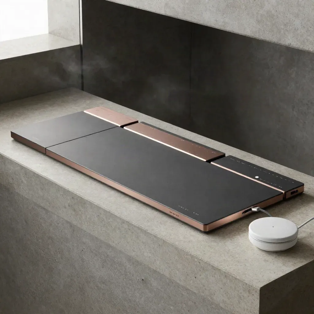 Modular analytics dashboard array on travertine in a hazy concrete alcove.