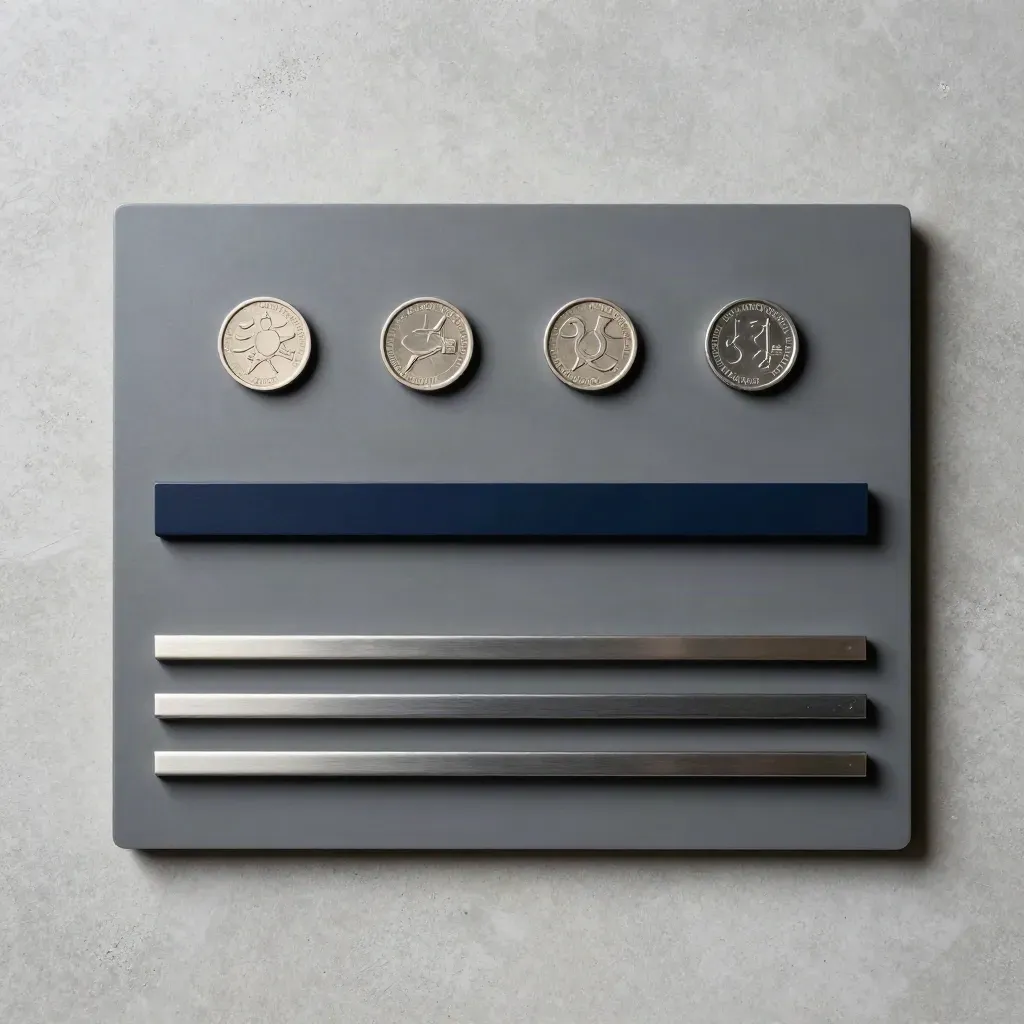 Overhead flatlay of a revenue pulse board with steel pucks and navy rails on pale concrete.