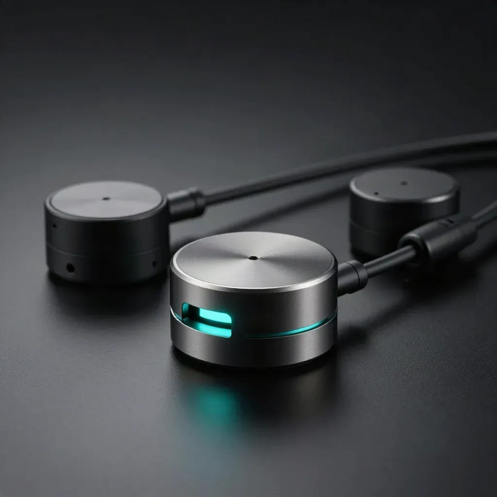 Dark alert watch set with glowing beacon puck and two modules on a black surface.