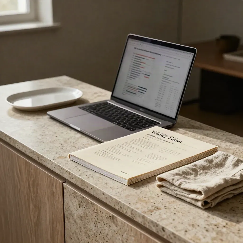 Closed laptop, report folio, ceramic tray and linen square in a calm strategy room.