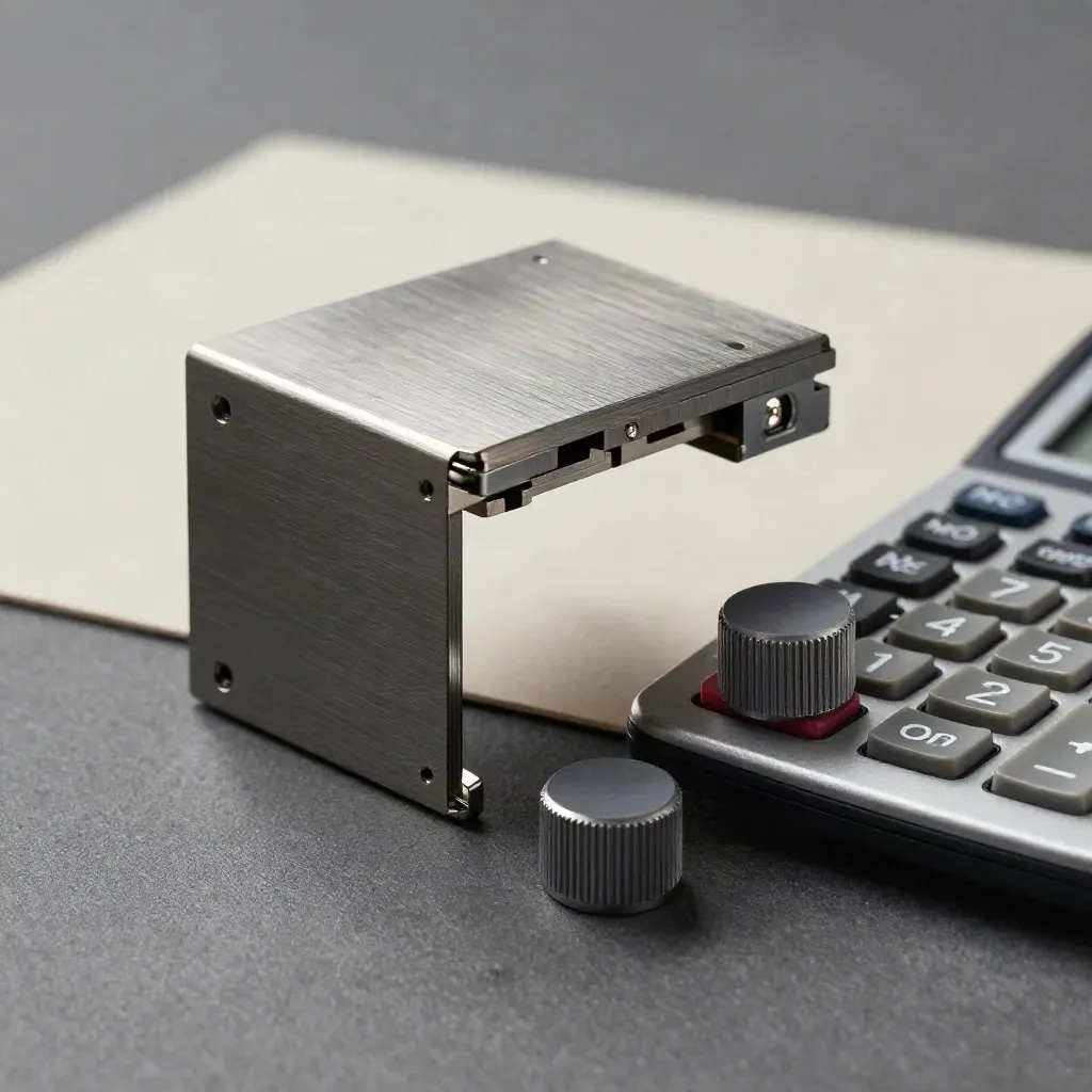 Slate analytics module, calculator block, and two pucks in a macro product still life.