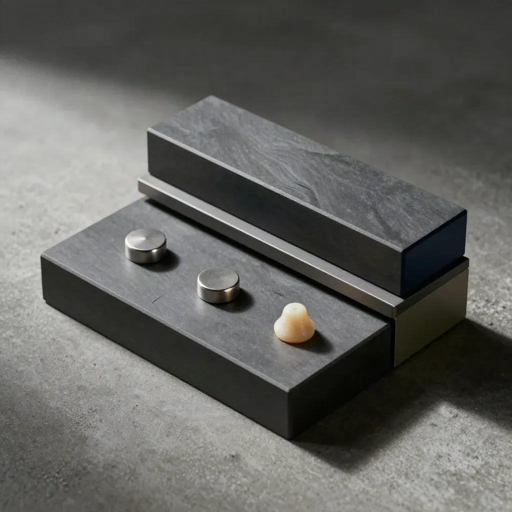 Overhead flatlay of stacked comparison blocks, bridging strip and peer tokens on cool concrete.