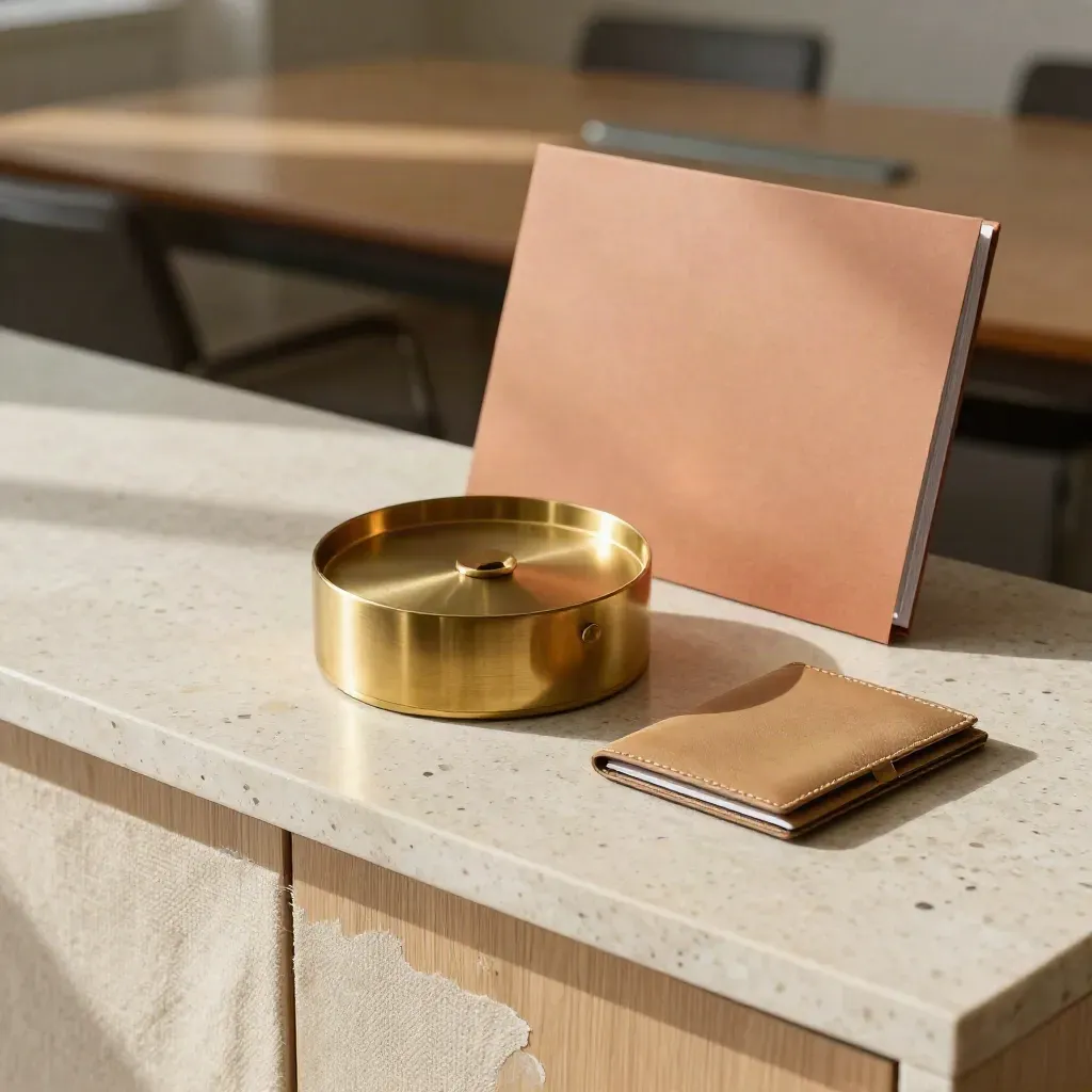 Brass paperweight with folio, folder, and card case on a travertine credenza