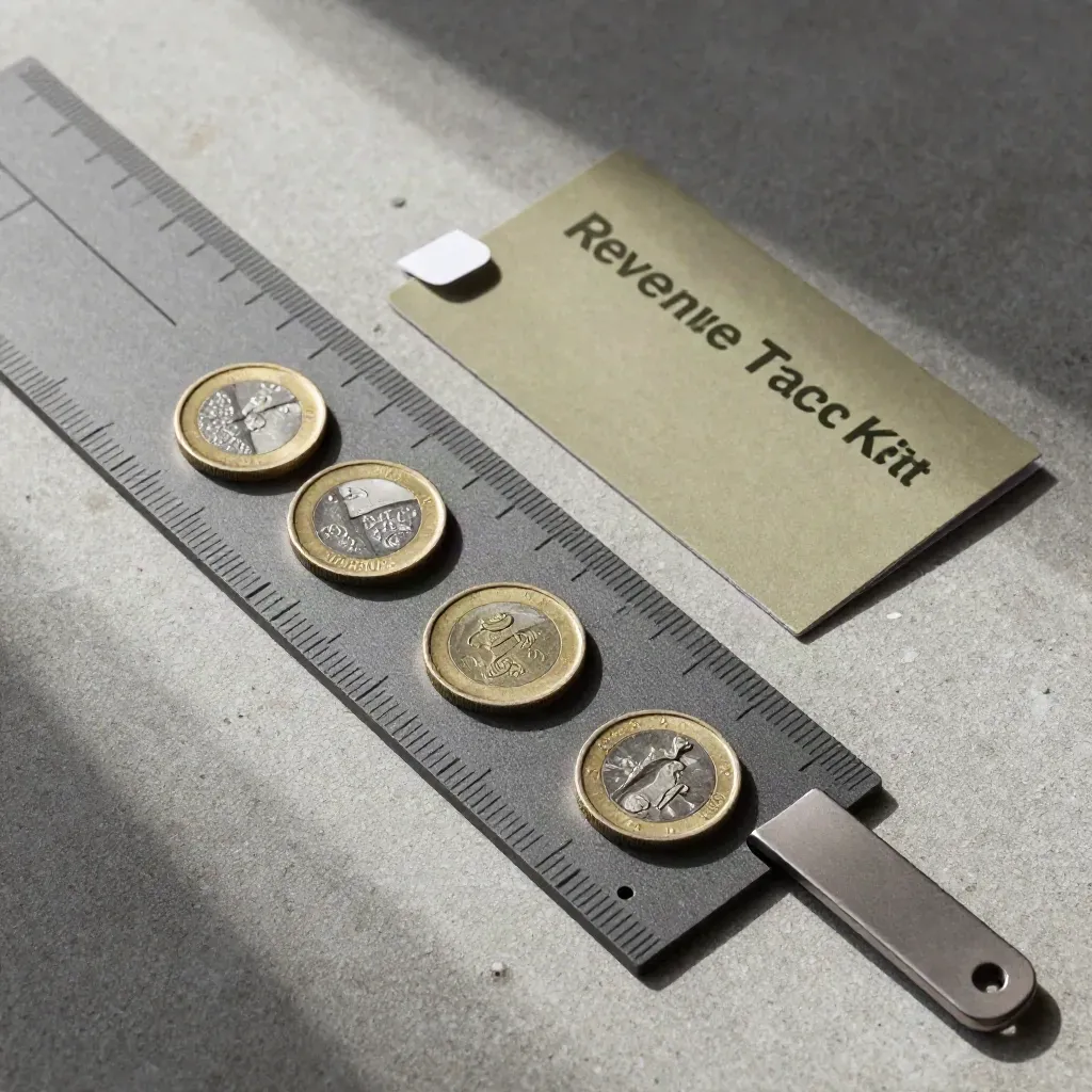 Overhead flatlay of revenue tracker components on stone with soft shadows
