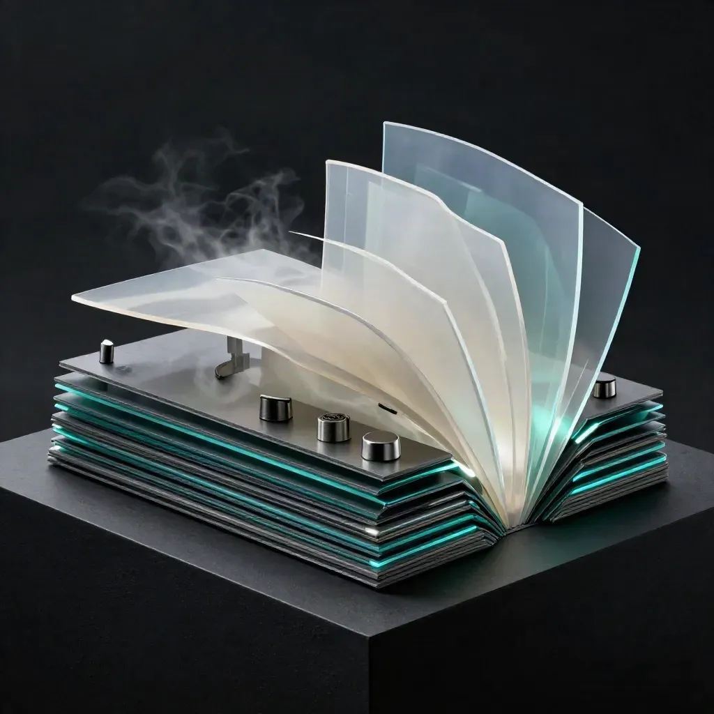 Stacked analytics slabs and alert pucks burst in teal light on a matte-black studio surface.