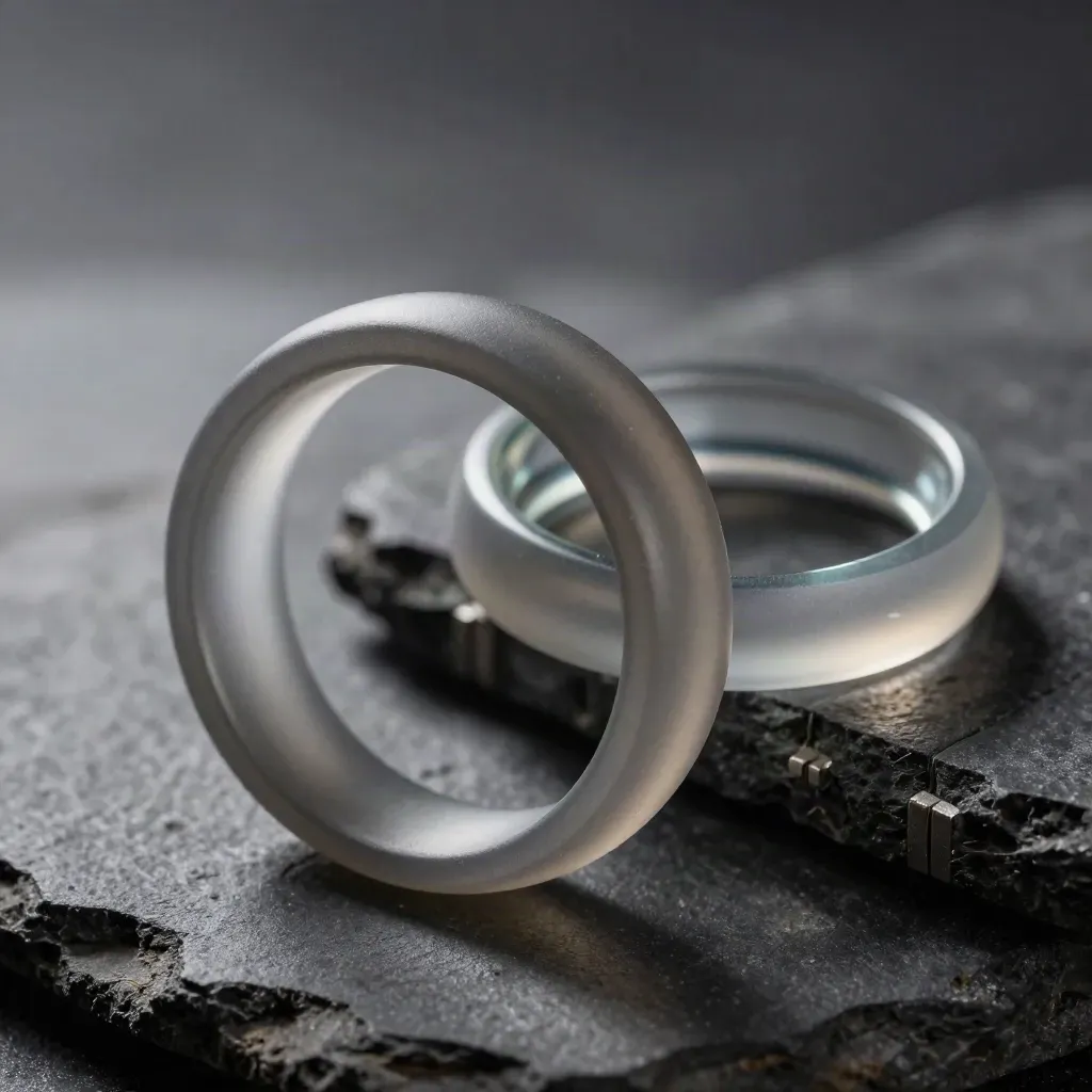 Macro of frosted rings, glass disc, and graphite cradle on dark stone with mist