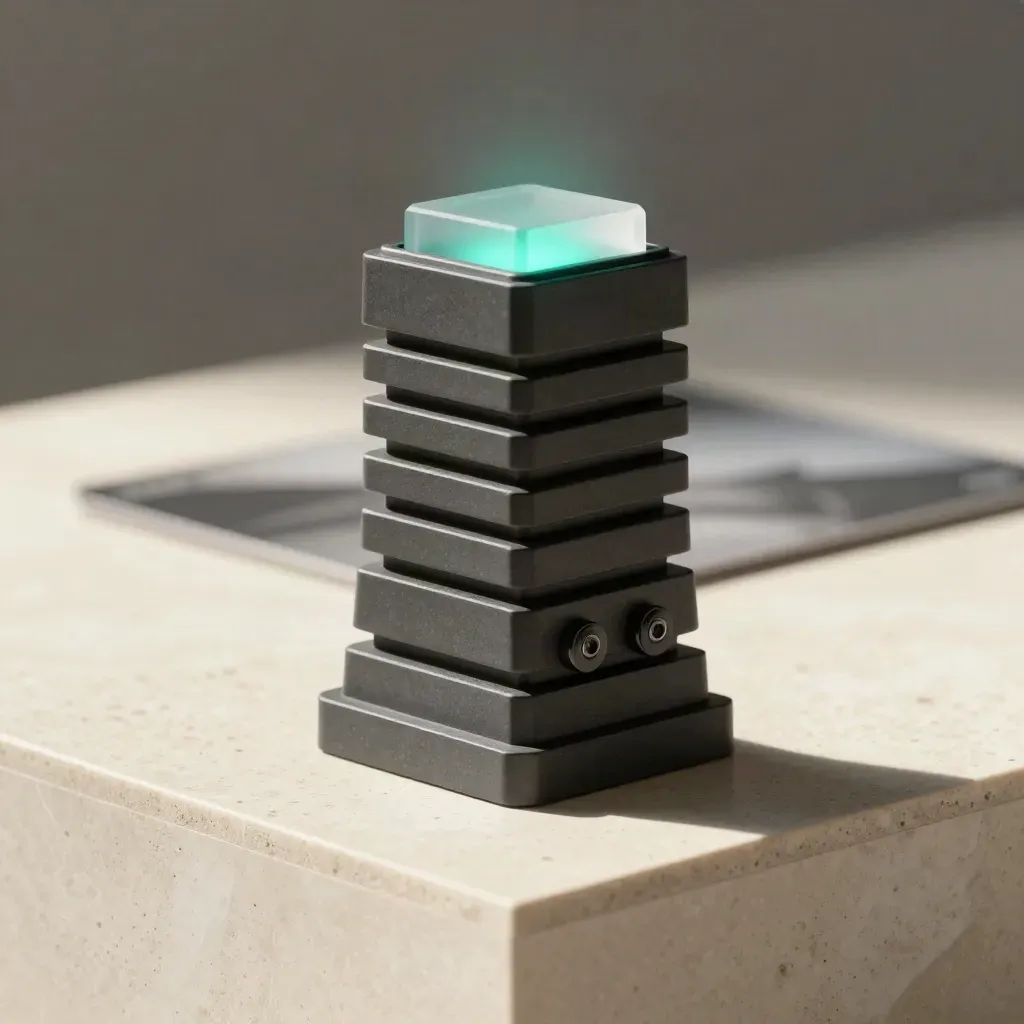 Slate KPI stack with teal alert chip and side tokens on travertine in soft studio haze