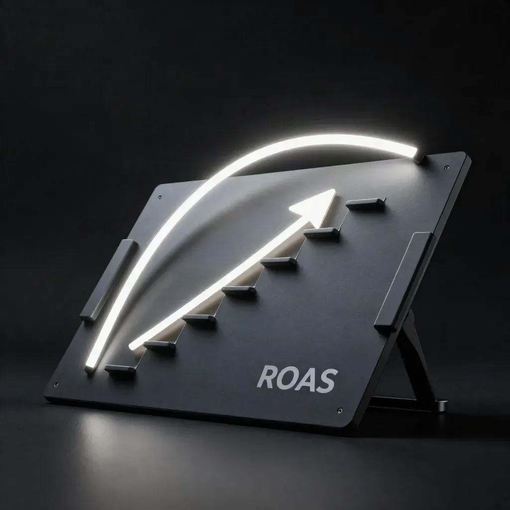 Dark product shot of a ROAS analytics board with glowing arc and side modules on a black surface.