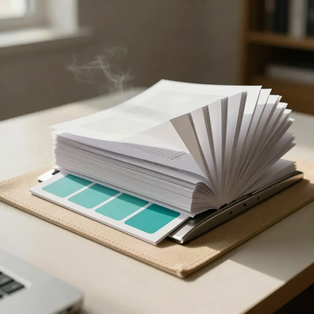 Clipped report folio with fanned pages on a linen mat in soft executive light.