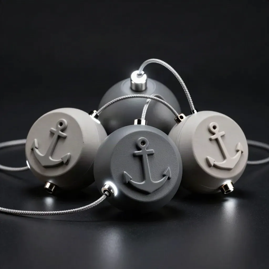Three matte alert pucks linked by cords around a central plate on a dark studio surface.
