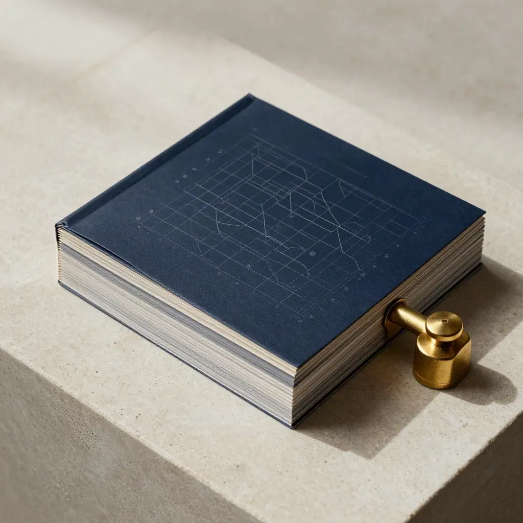 Overhead deck stack with navy cover, brass weight, and chart tabs on pale stone.