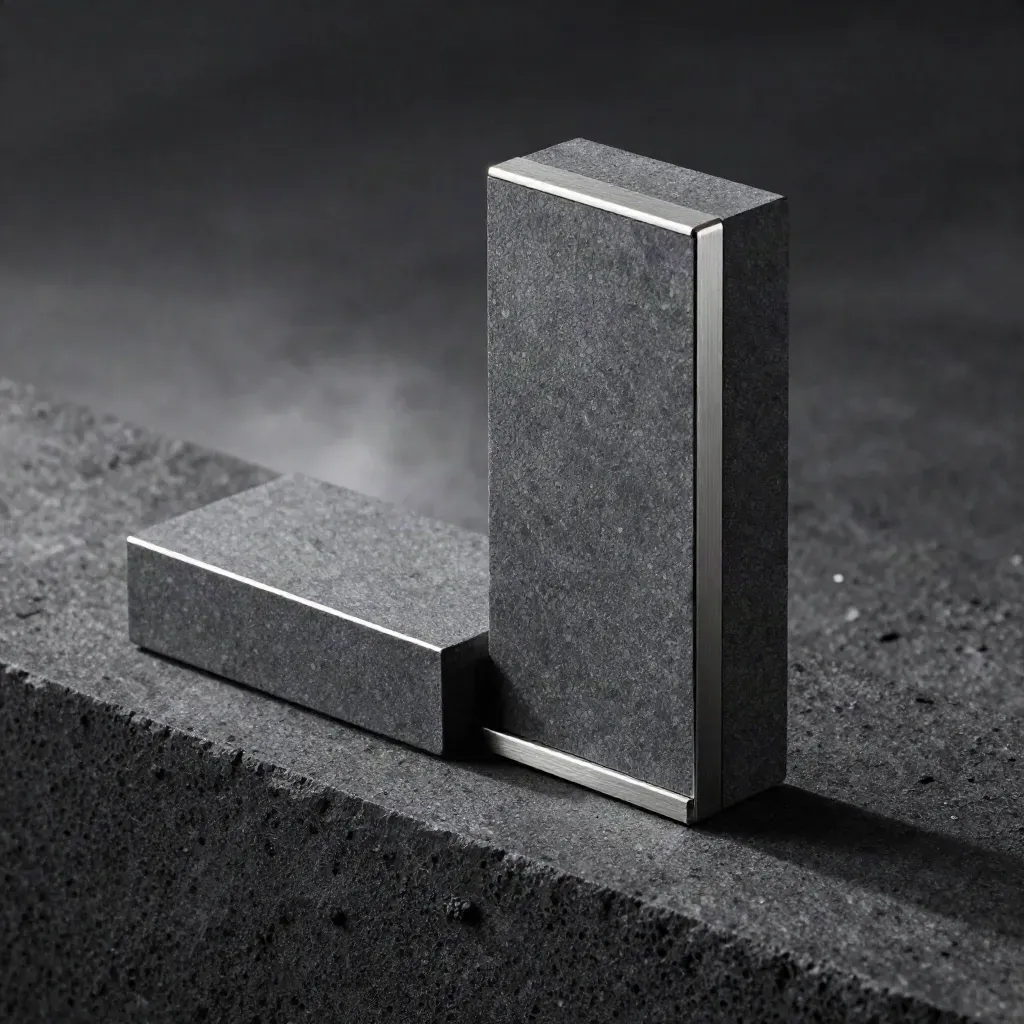 Two slate comparison blocks linked by a thin strip on charcoal stone in soft mist.