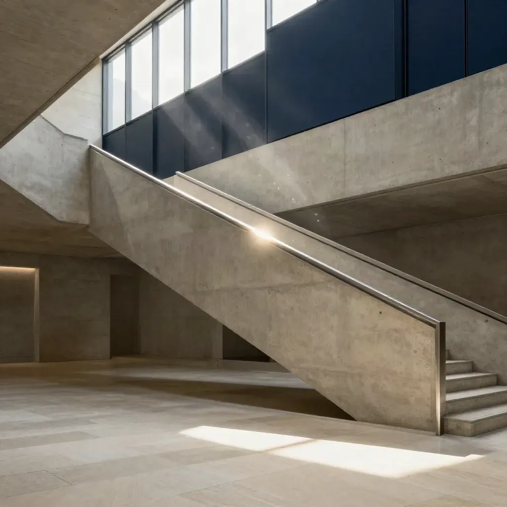 Sunlit concrete atrium with high stairs, brushed rail, and calm landing for copy.