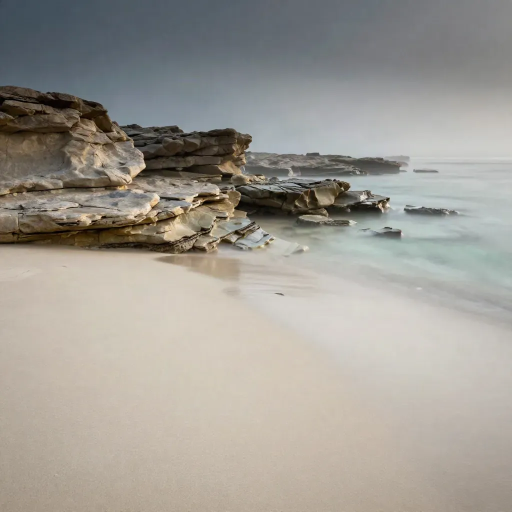 Misty limestone coast with calm sand foreground and fog lifting at dawn.