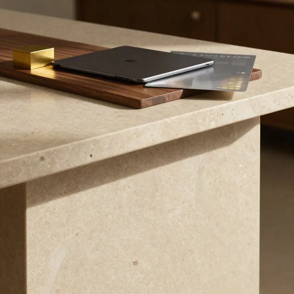 Travertine and walnut surface with brass block, soft light, and open copy space.