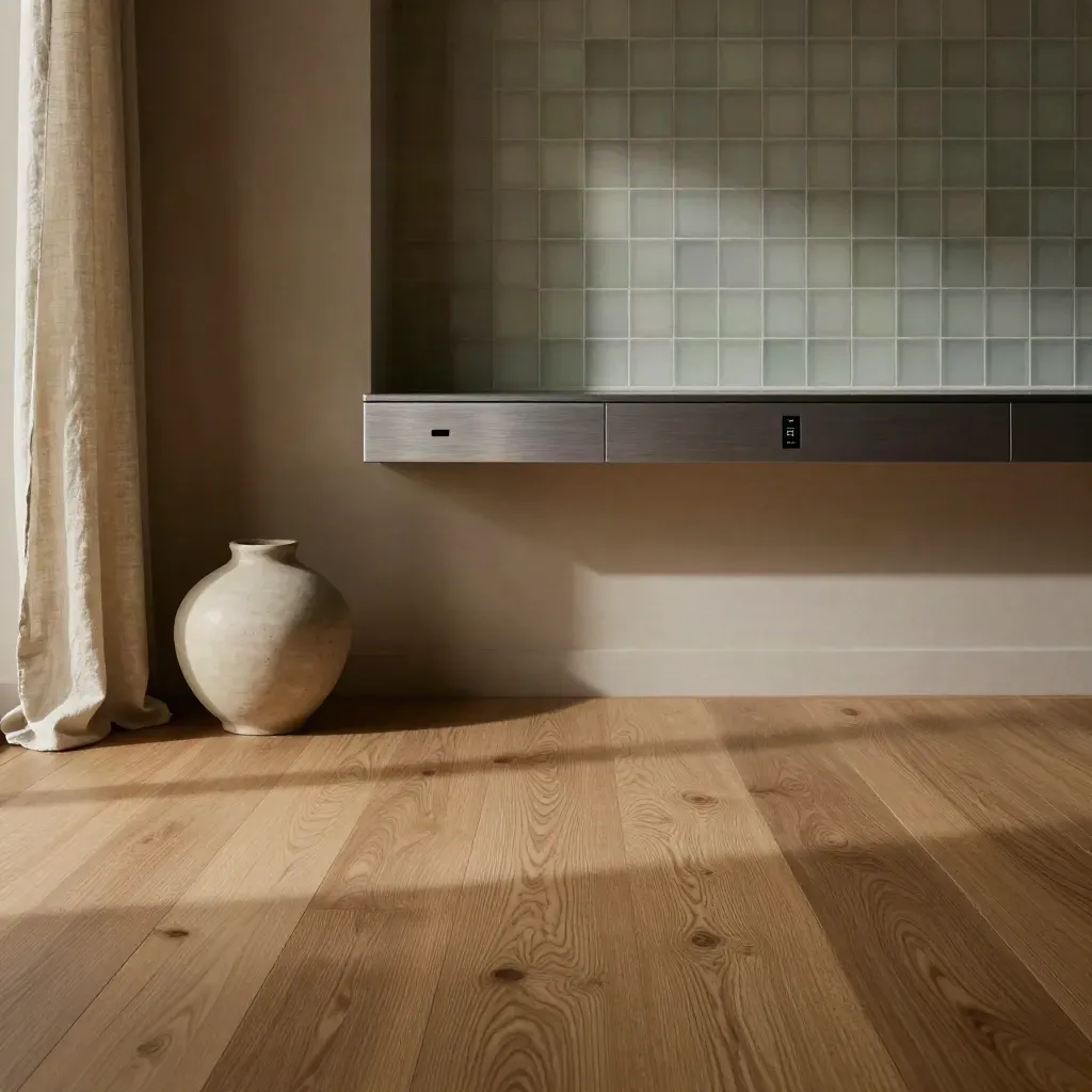 Warm oak interior nook with linen drape, sculptural vase, and soft afternoon light.