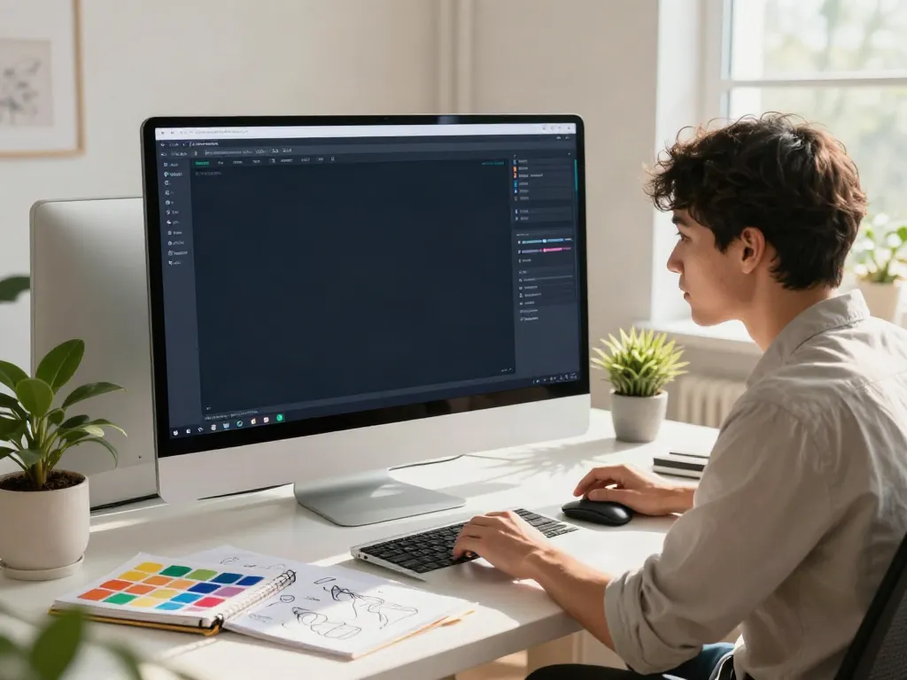 Young entrepreneur designing an online store with an AI online store content generator in a modern workspace.