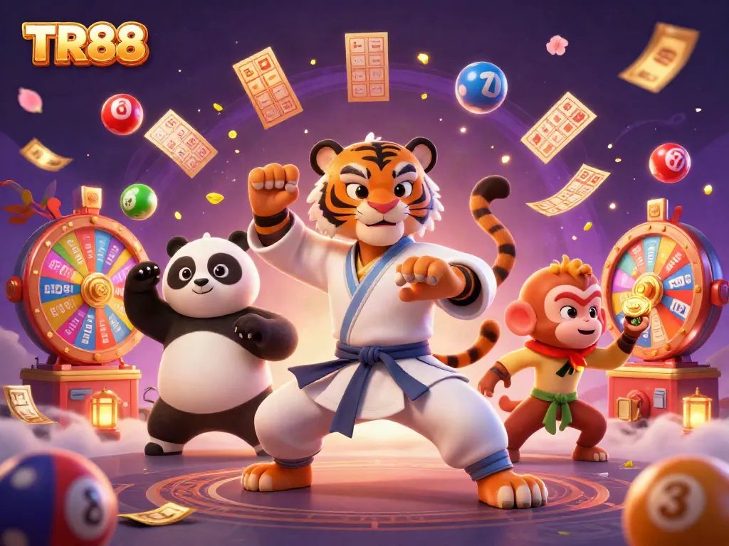 TR88 showcases an exciting online casino scene with animated characters, vibrant lottery elements, and dynamic prizes.